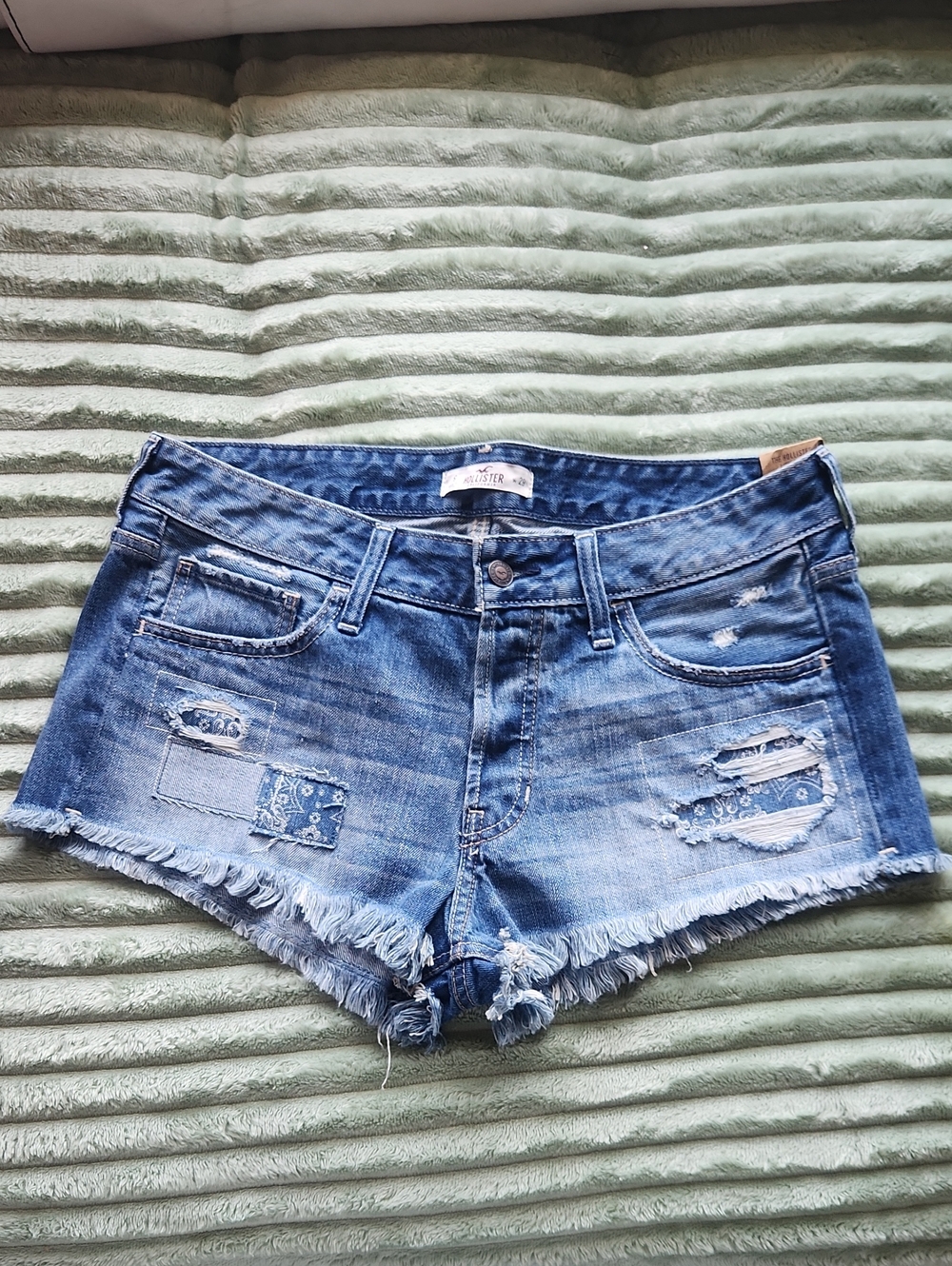 Hollister Distressed Blue Denim Patchwork Cutoff Shorts